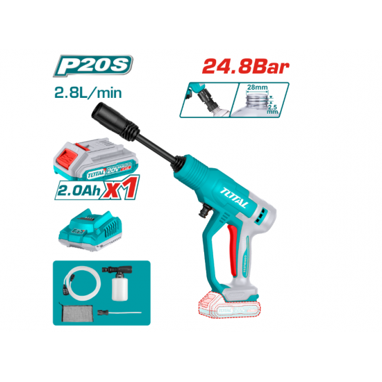 Акумулаторна водоструйка TOTAL, 20 V, 24.8 Bar, 2.8 L/min, 1 x 2 Ah