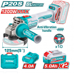 Акумулаторен безчетков ъглошлайф TOTAL TAGLI2120272E, 20 V, Ф 125 мм, 2 x 5 Ah