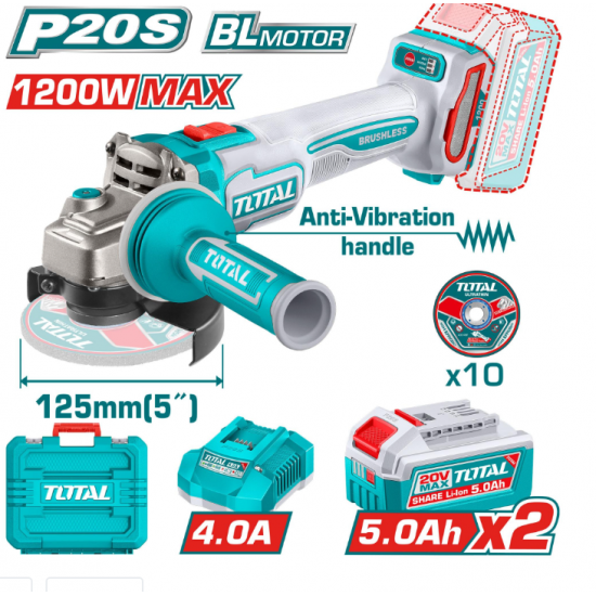 Акумулаторен безчетков ъглошлайф TOTAL TAGLI2120272E, 20 V, Ф 125 мм, 2 x 5 Ah