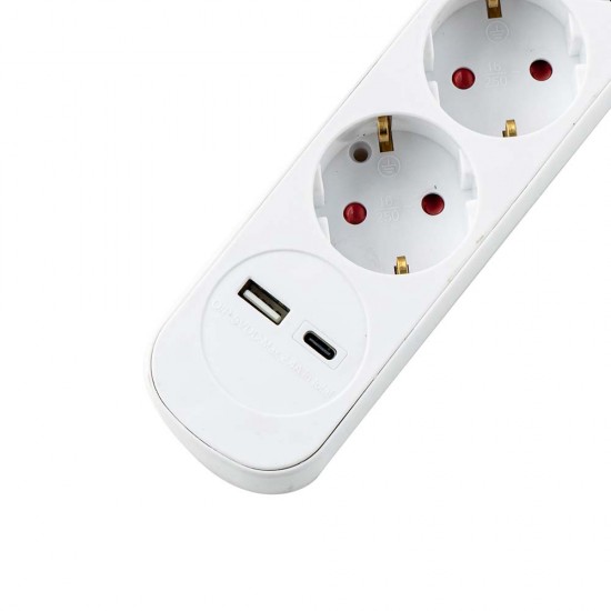 Разклонител Muhler с ключ, 4гн.+2X USB порта тип А+C Разклонител Muhler с ключ, 4гн.+2X USB порта тип А+C