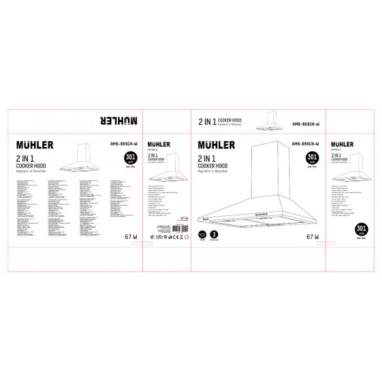 Абсорбатор Muhler AMK-955CH-W, бял, коминен, декоративен, 301.5 м³/ч, 67W