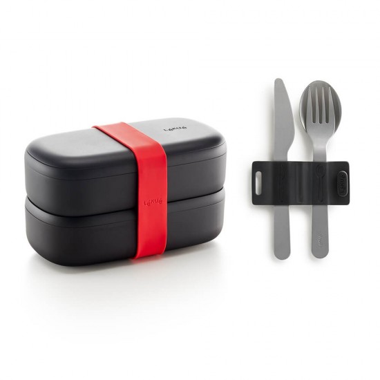Комплект кутии за храна Lekue On The Go Black, 2x500ml, с включени прибори