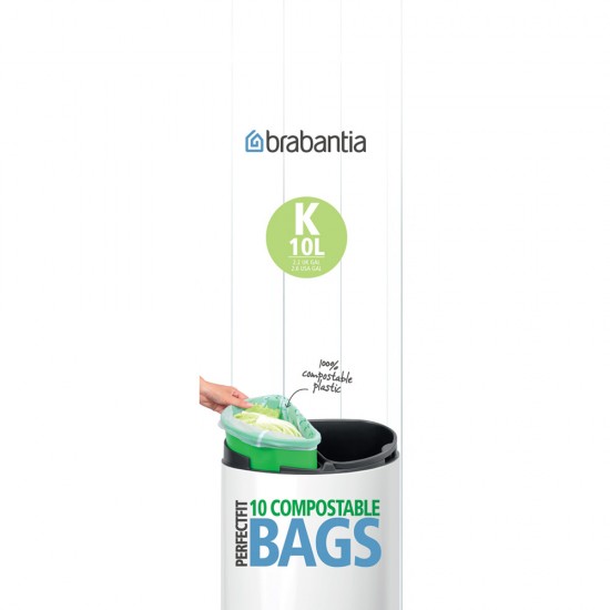 Торба за кош Brabantia PerfectFit Touch размер K, 10L, 10 броя, зелени, биоразградими, ролка